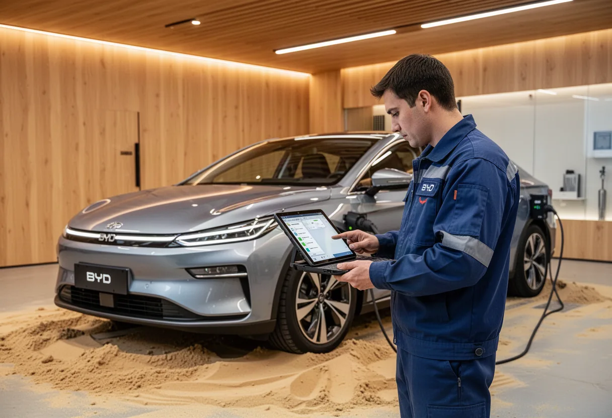 Инженер Центра EV Диагностики проводит диагностику электромобиля BYD
